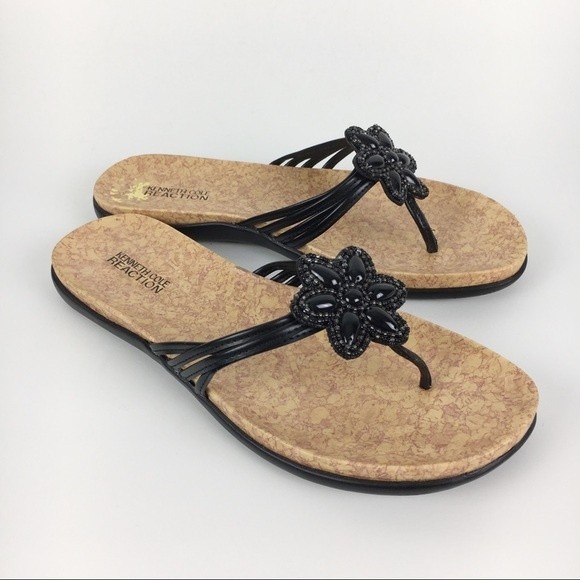 Kenneth Cole Women Glam In Bloom Black Beaded Flower Summer Sandals Flip Flops 8 - Picture 2 of 9